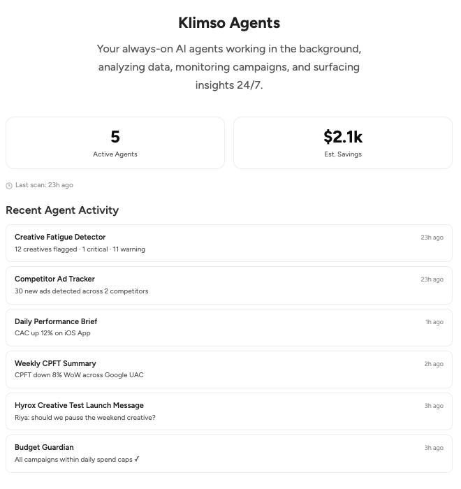 Klimso Agents: always-on agents surfacing action items